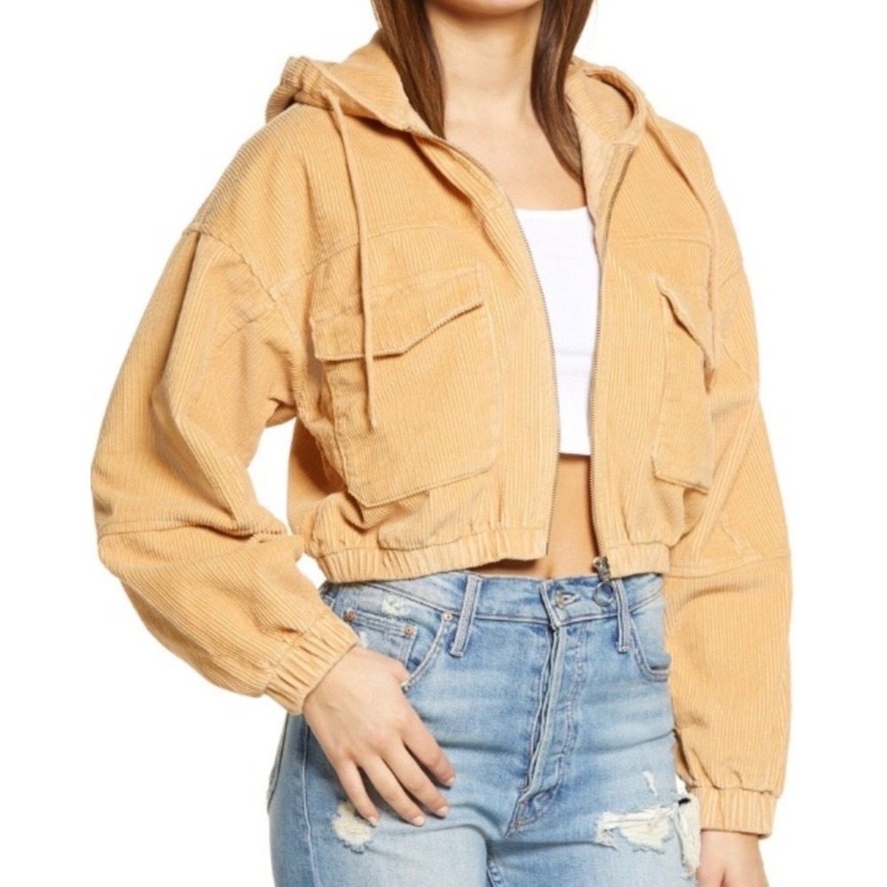 BDG Urban Outfitters Corduroy Hooded Cropped Jacket Tan Small Skater Grunge Fall